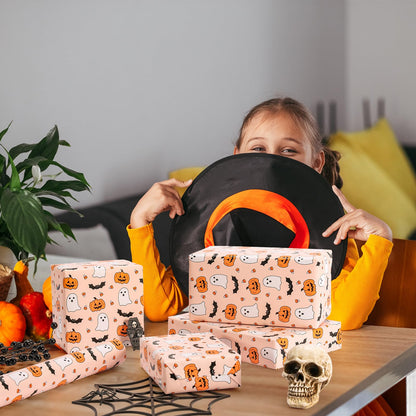Whaline Halloween Wrapping Paper - Mini Roll - 17 In x 32.8 Ft Cute Pumpkin Ghost Bats Gift Wrap Paper Boho Orange DIY Art Crafts Packing Supplies for Halloween Birthday Baby Shower Holiday Party