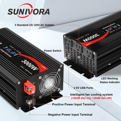 3000 Watt Power Inverter 12V DC to 110V/120V AC Converter 6000W Peak with LCD Display, 3 AC Outlets & 2 USB Ports Power Inverters for Vehicles Car Truck Boat RV Camping Solar System EPS