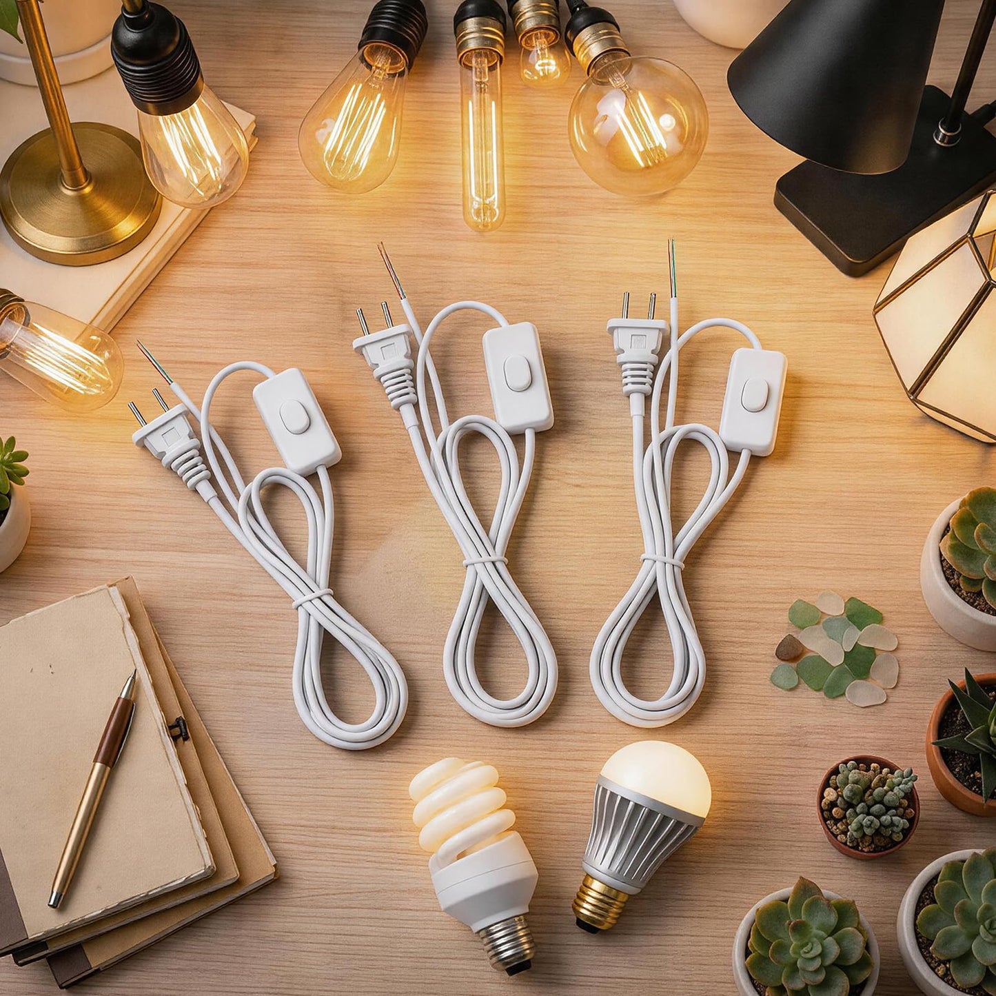 Conderyang 12 Packs Lamp Cord Set with Molded End Plug and Switch Pure Copper Extension Lamp Power Cord Replacement Rewire Kit Stripped Ends Ready for Wiring & DIY Repairing 6 Feet/1.8m White