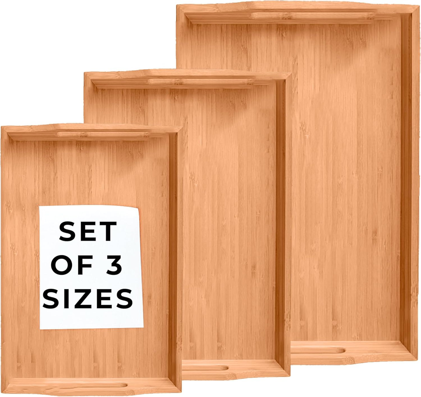 Set 3 Prosumers Choice Wooden Tray - Light Brown Serving Trays with Handles - Nesting Design for Space Saving - Wooden