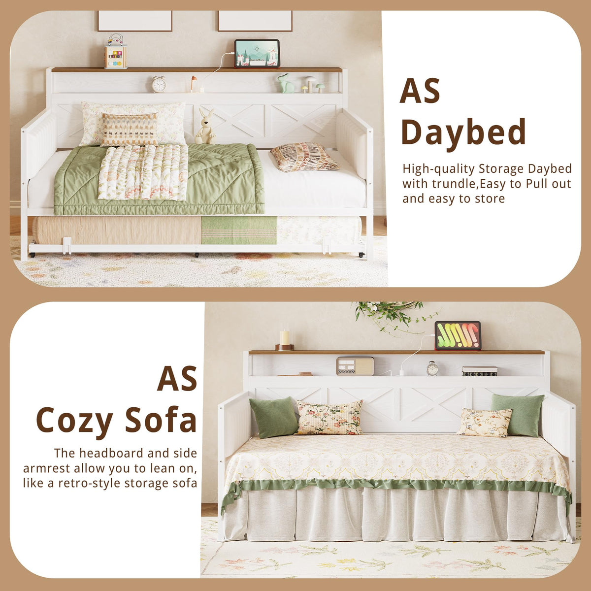 IRONCK Daybed with Trundle, Sturdy Metal Twin Bed Frame with X-Shaped Frame, Upholstered Farmhouse Daybed with Charging Station for Living Room, Bedroom, and Guest Room, White/Walnut