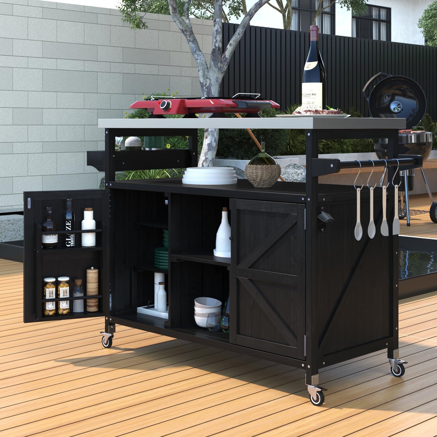 Ball & Cast Outdoor Kitchen Island,Rolling Bar Cart & Storage Cabinet,Farmhouse Solid Wood Outdoor Grill Table with Stainless Steel Top,Spice and Towel Rack,for Kitchen,Barbecue,Black,50.25"