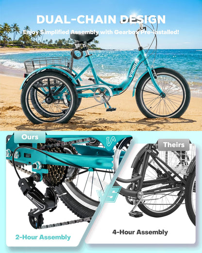 VIRIBUS Folding Tricycle for Adults, 20 inch 7 Speed Foldable Adult Tricycle for Women Men Seniors with Dual Chain, Folding 3 Wheel Bike with Lock, Collapsible Three Wheel Bicycle 330 lb. Teal