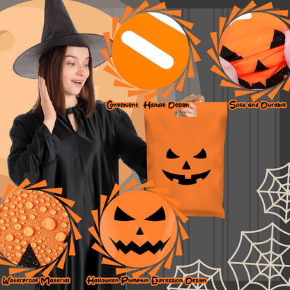 AmazingSpark 48 Pack Large Halloween Pumpkin Plastic Gift Bags with Handles 12 x 16'' Plastic Party Favor and Candy Treat or Trick Pouches for Halloween Party Supplies Gift Wrapping