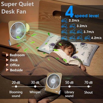 Small Quiet Desk Fan, 5in Rotatable, Foldable & Rechargeable, 3000mAh Battery Operated, Strong Airflow (Light Wood)