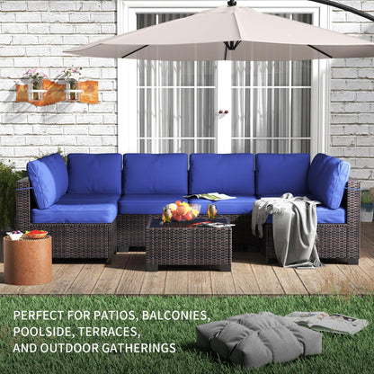 GAOMON 7 Pieces Outdoor Patio Furniture Sets, Rattan Conversation Set with Sectional Sofa, Chairs and Coffee Table, Waterproof Patio Conversation Sets (Brown & Navy Blue)
