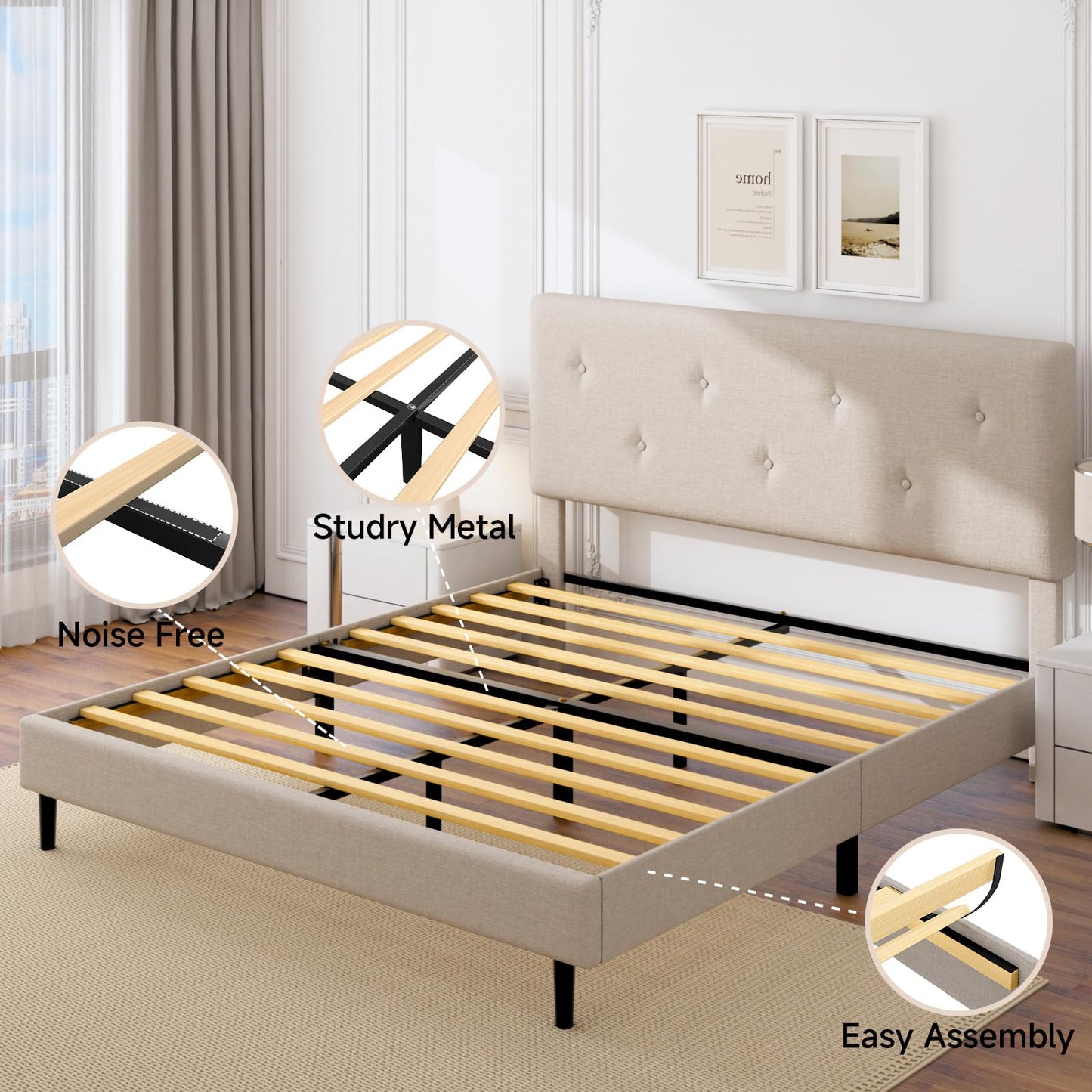 Mxhtcewz King Size Linen Bed Frame, Upholstered Platform Bed Frame with Adjustable Headboard, Wooden Slats Support, Easy Assembly, No Box Spring Needed, Beige