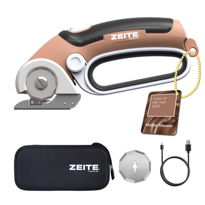 ZEITE 4V Cordless Electric Scissors Cardboard Cutter with 2 Blades,Storage Case,Rotary Cutter for Box Plastic Carpet Fabric, Easy to Hold and Safe,Mocha