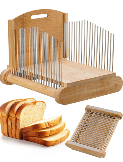 NiHome Bamboo Bread Slicer for Homemade Bread with Stainless Steel Guides, Adjustable Thickness for Toast & Sandwiches, Foldable Compact Sourdough Wood Cutting Board