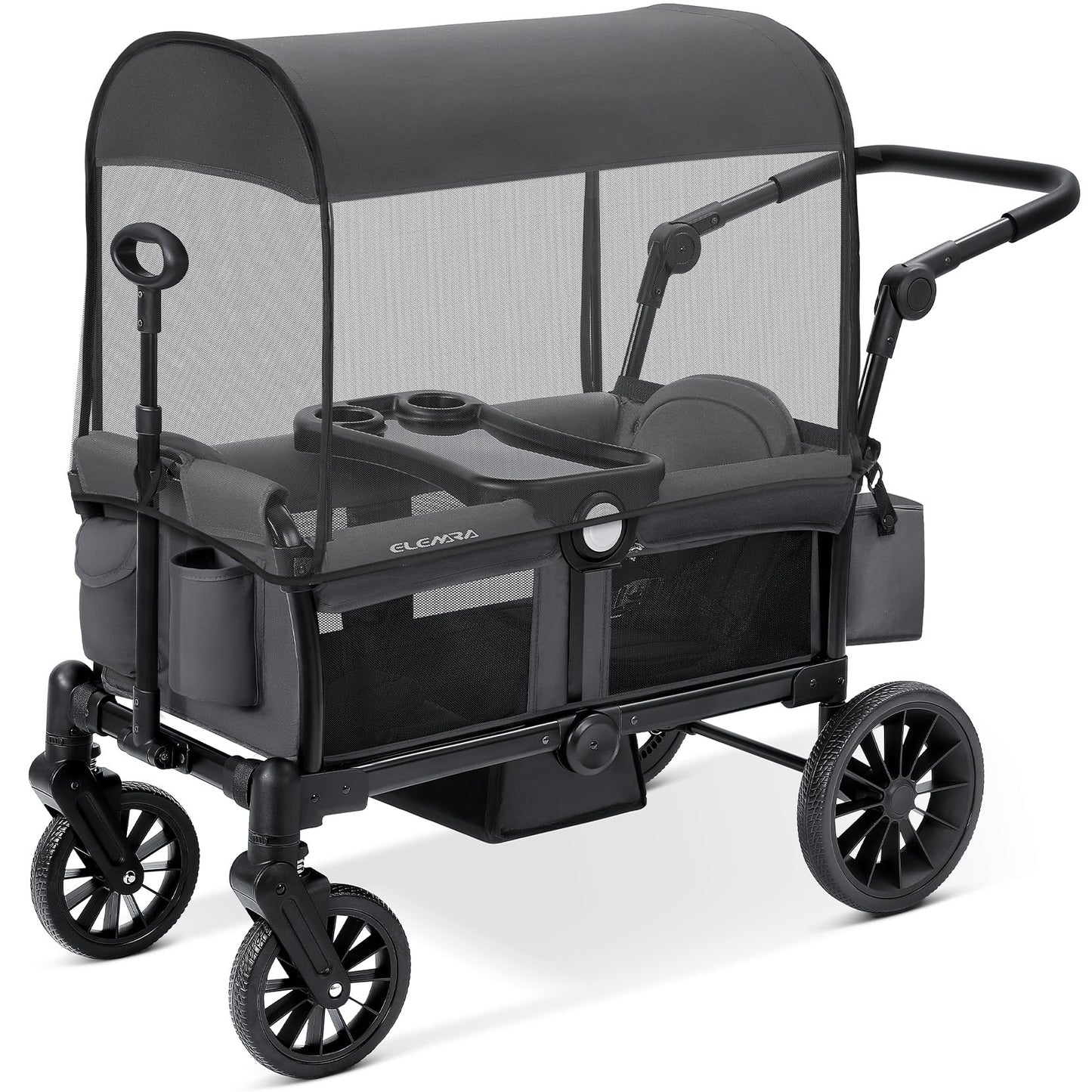 ELEMARA Foldable Wagon Stroller, Stroller Wagon for 2 Kids, Premium All Terrain Wagon for Kids with Removable Canopy, Adjustable Push/Pull Handle, Harnesses, Large Storage Bag, Gray