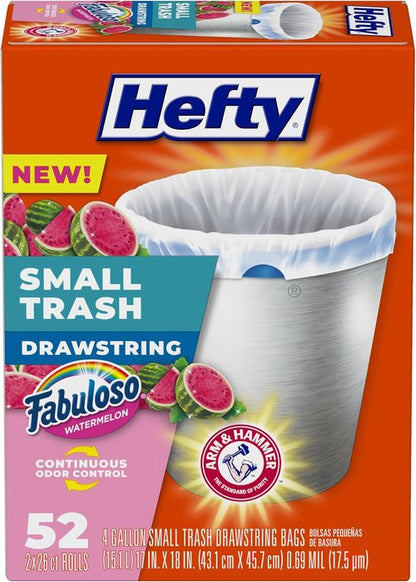 Hefty Small Trash Bags - Watermelon Scented | 4 Gallon, 52 Count for Odor Control