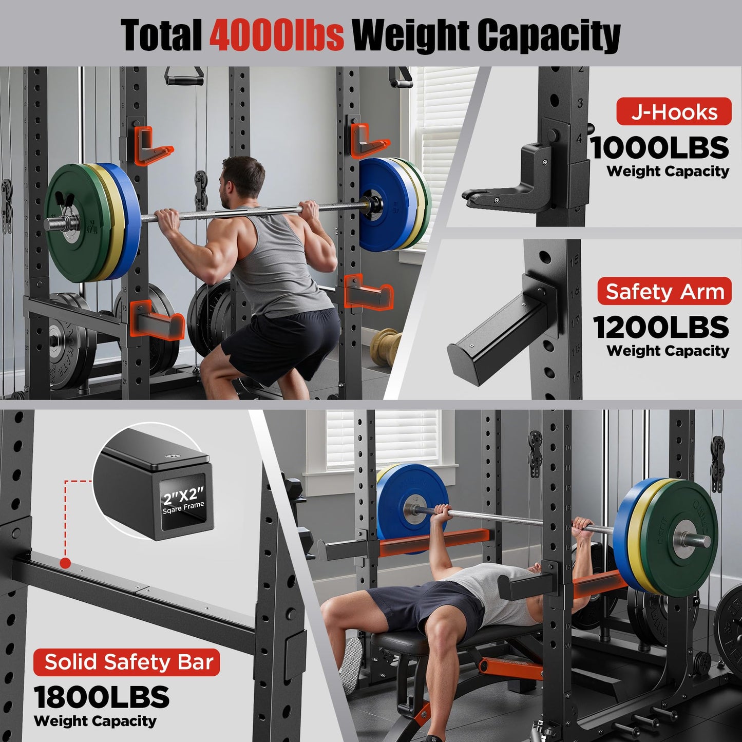 Sportsroyals Power Cage, Multi-Functional Squat Rack, Power Rack with Pulley System & LAT Pull Down, Workout Cage with J Hooks for Home Gym