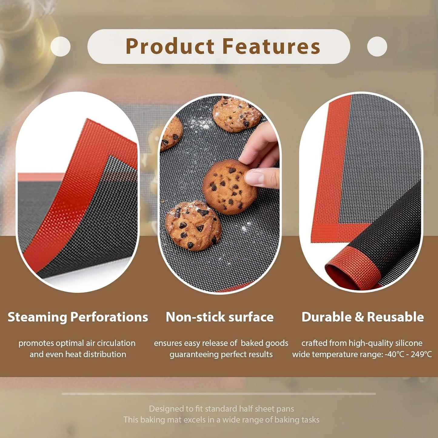 Professional Silicone Bread Baking Mat, Non Stick Oven Liner, Perforated Steaming Mesh, Half Sheet Size