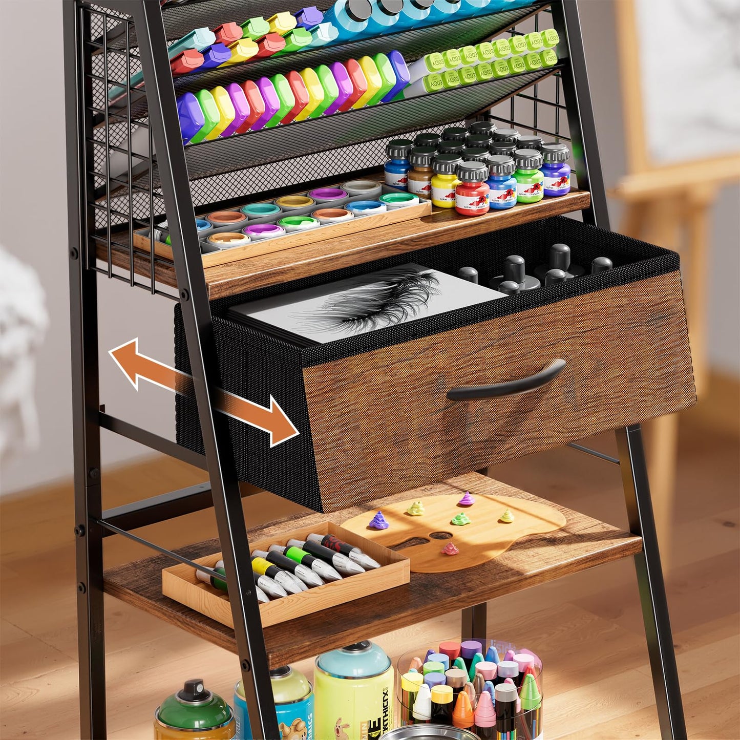 Housolution 3 Tier Rolling Cart with Drawer, Utility Cart with Lockable Wheels, Multi-Functional Arts and Crafts Organizer Storage for Brushes & Paints & Artifacts, Ideal for Home Office Studio