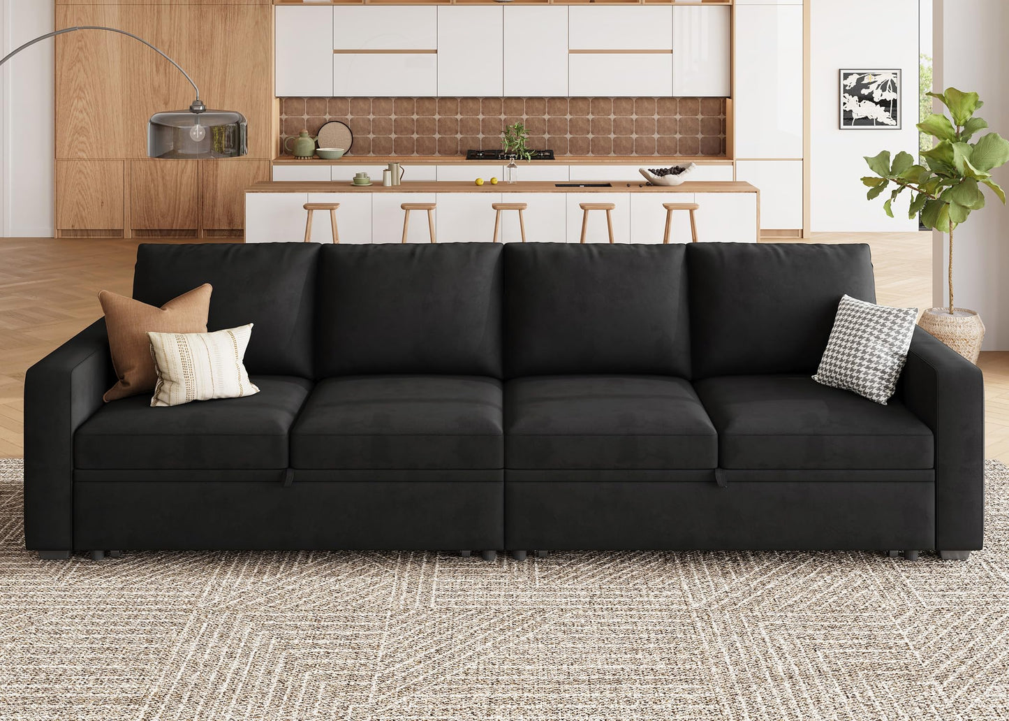 HONBAY Modular Sectional Sleeper Sofa Bed, with Pull Out Bed, Linen Convertible Sectional Couches for Living Room - Black
