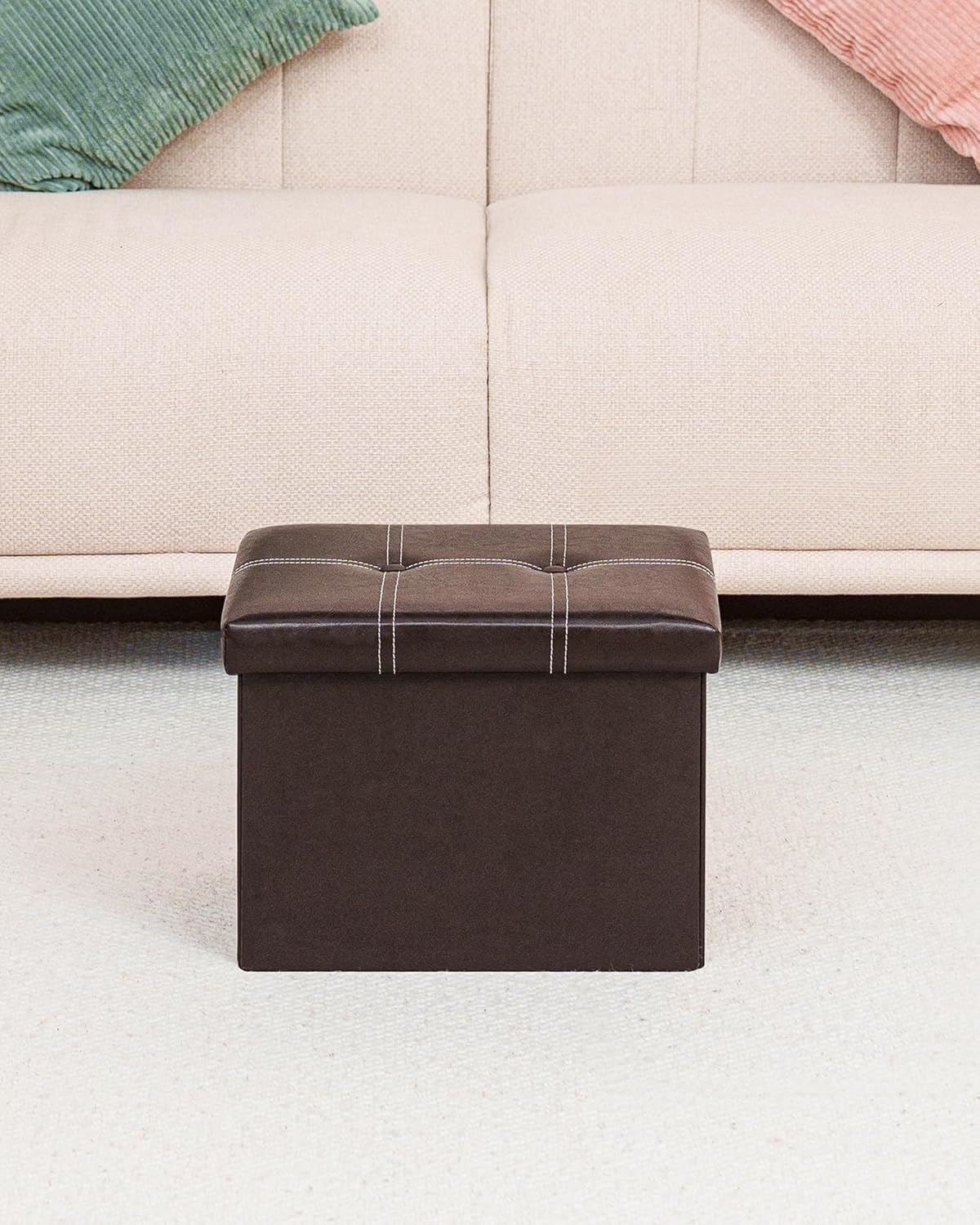 16.5"x12.6"x12.6" B FSOBEIIALEO Folding Storage Ottoman Cube, Faux Leather Footrest Seat Coffee Table, Brown