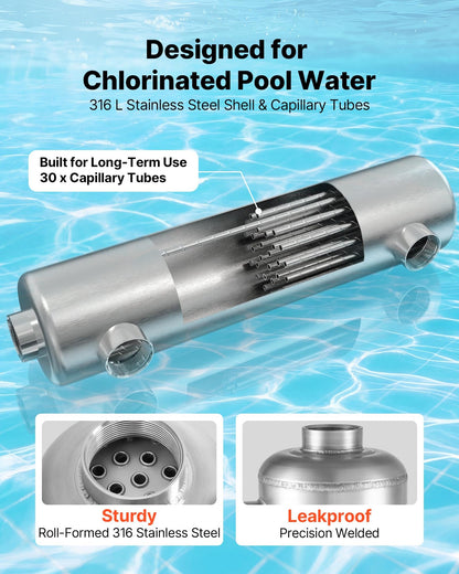 VEVOR Pool Heat Exchanger, 360K BTU Swimming Pool Heater Exchanger, 316L Stainless Steel Construction, High Efficiency Water to Water Transfer Heating System for Spa, Hot Tub, Indoor/Outdoor, Silver