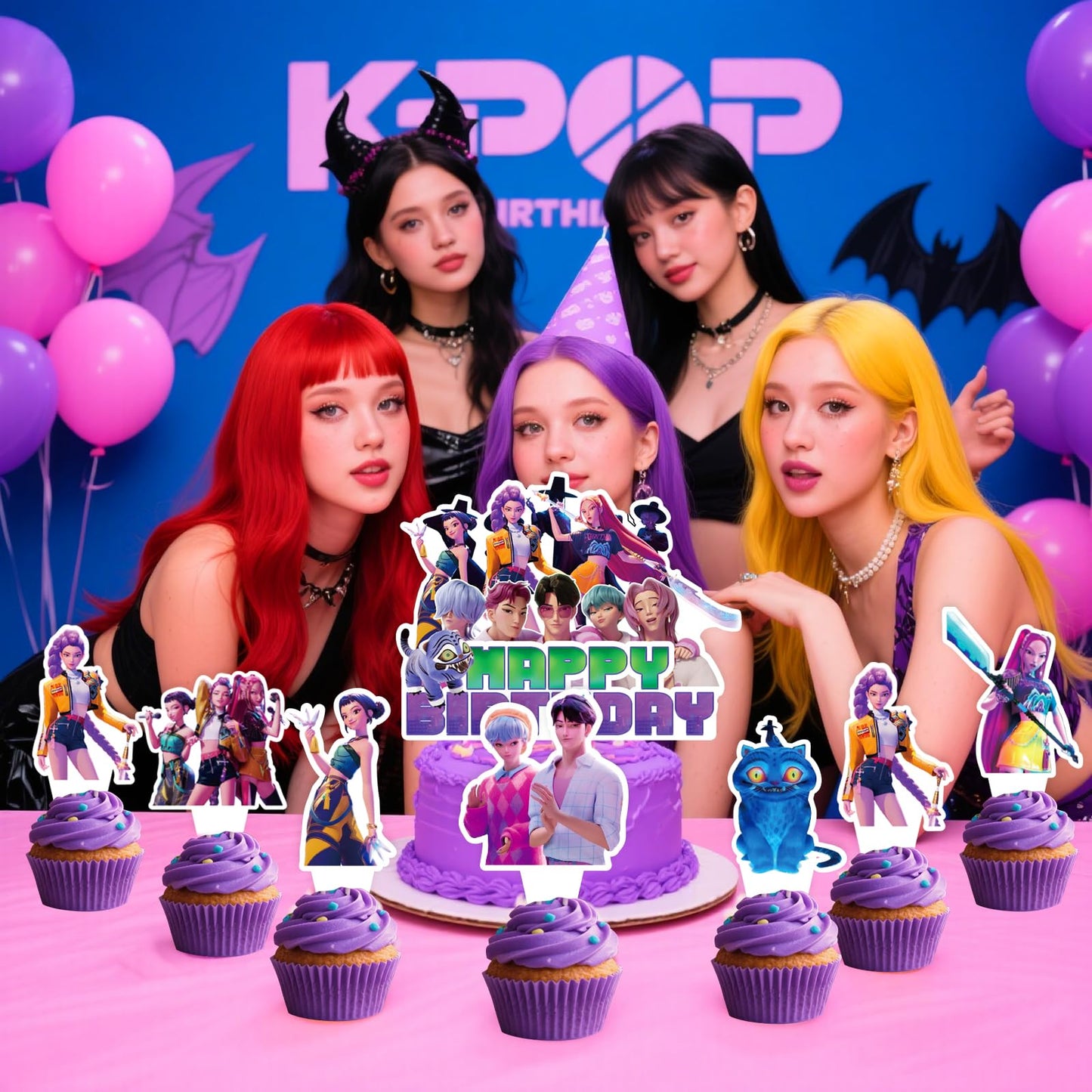 Korean Idol Demon Movie Hunters Birthday Party Decorations, 25 Piece Cake and Cupcake Toppers Set, Cartoon Animation Theme for Kids Birthday Celebrations