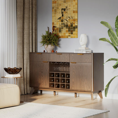 60" Wide Fluted Wine Bar Cabinet with 2 Side Cabinets, 3 Drawers, 4 Glass Holders & 12 Wine Racks, Modern Buffet Sideboard with Storage, 2 Door & 3 Drawer Buffet Sideboard for Kitchen, Dining Room