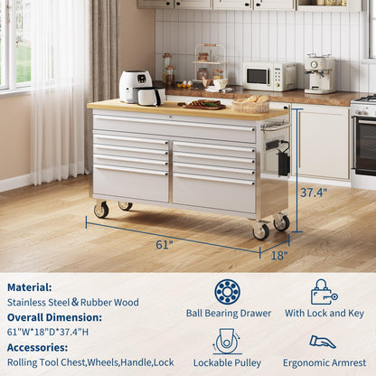 61-Inch Heavy-Duty Rolling Tool Chest & Mobile Workbench with 9 Drawers, Steel Storage Cabinet, Rubber Wood Tabletop, Key Locking System and Drawer Liners for Garage, Workshop, Repair Shop, Silver