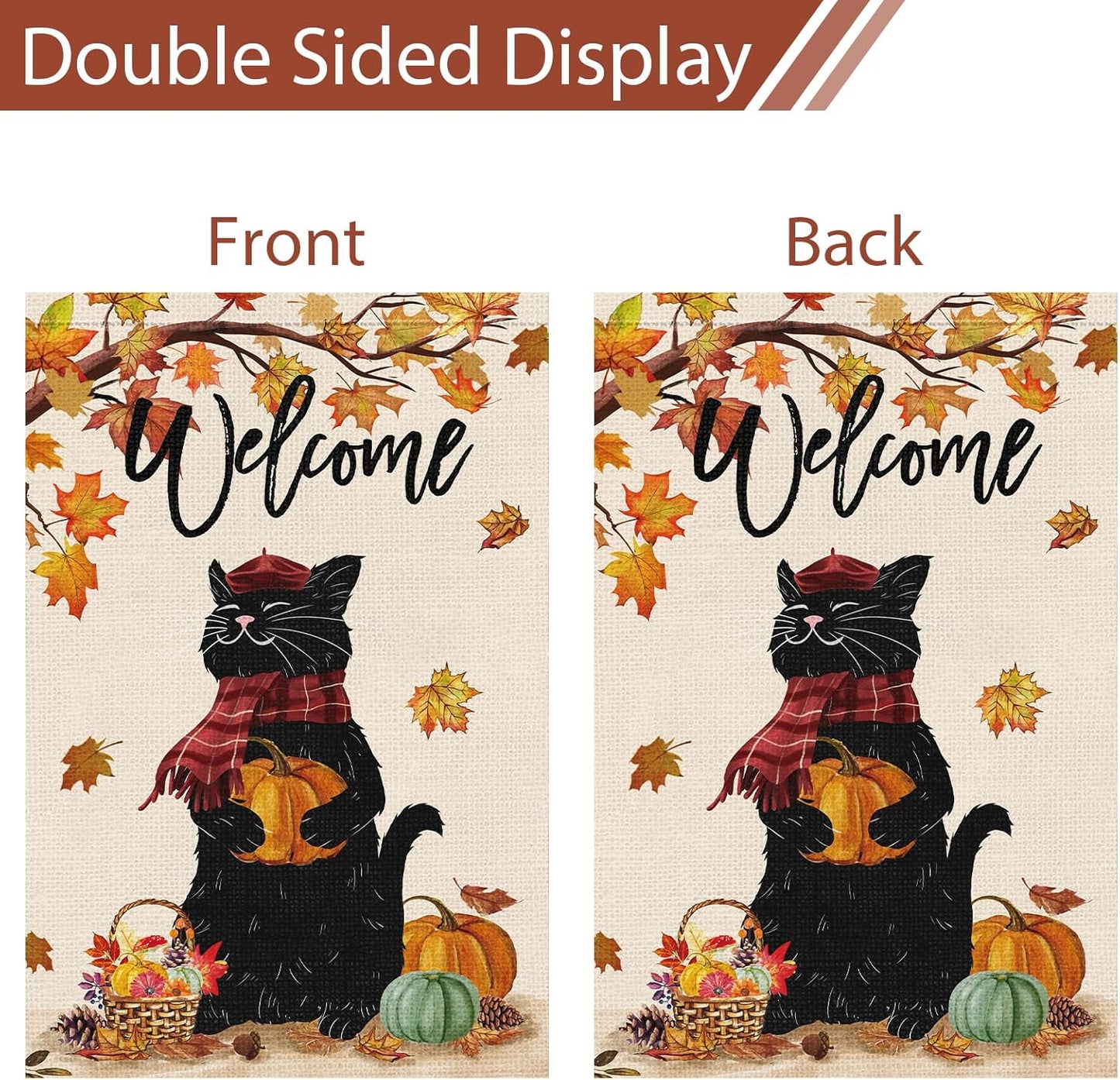 Welcome Fall Garden Flag 12 x 18 Inch, Double Sided Burlap Black Cat with Pumpkins, Autumn Maple Leaves Thanksgiving
