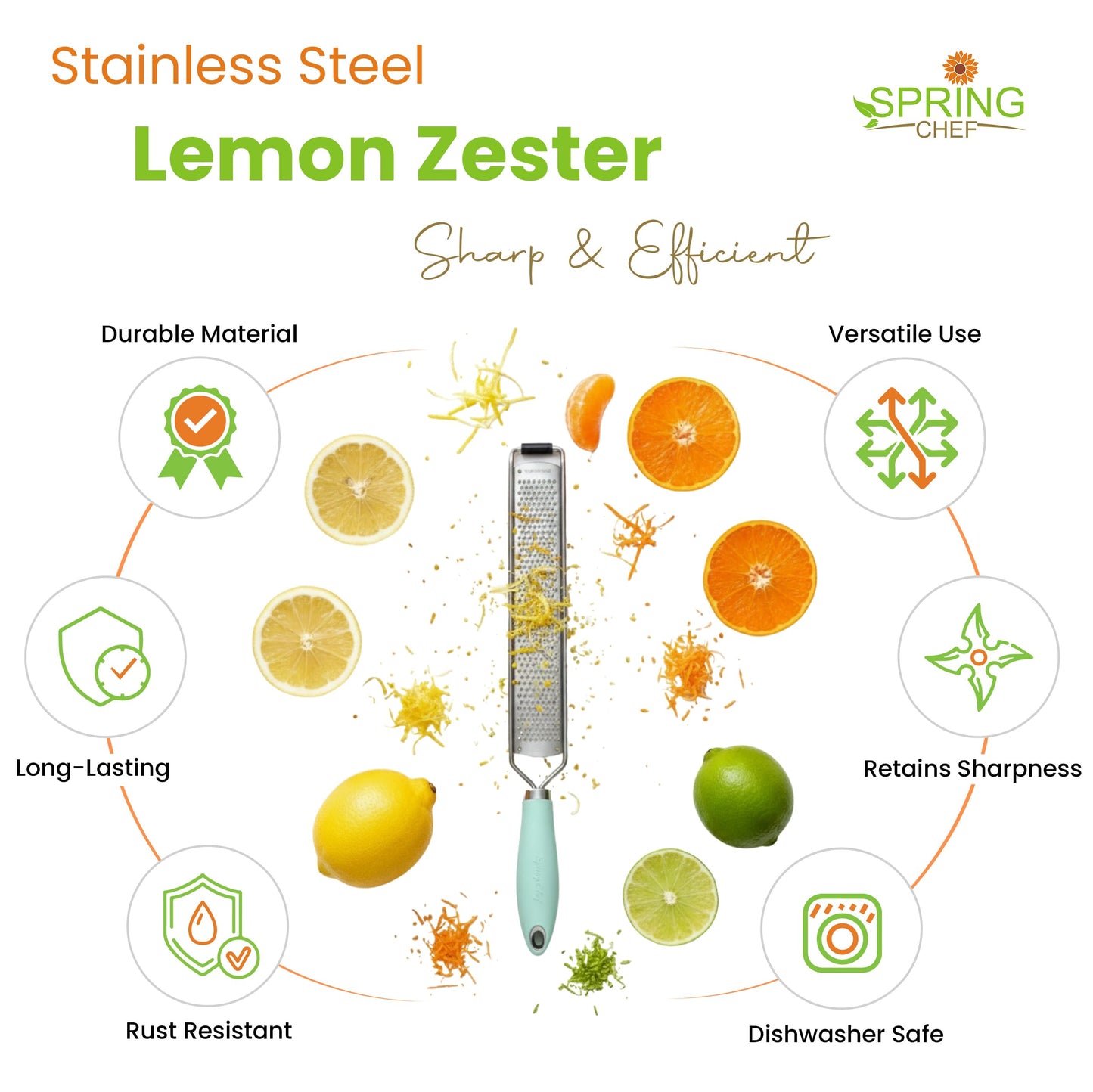 Spring Chef Stainless Steel Lemon Zester Grater with Handle - Garlic, Cheese, Parmesan, Nutmeg, Lime, Ginger Grater - Heavy Duty Kitchen Tool - Citrus Zester with Blade Cover - Fine Shred - Mint