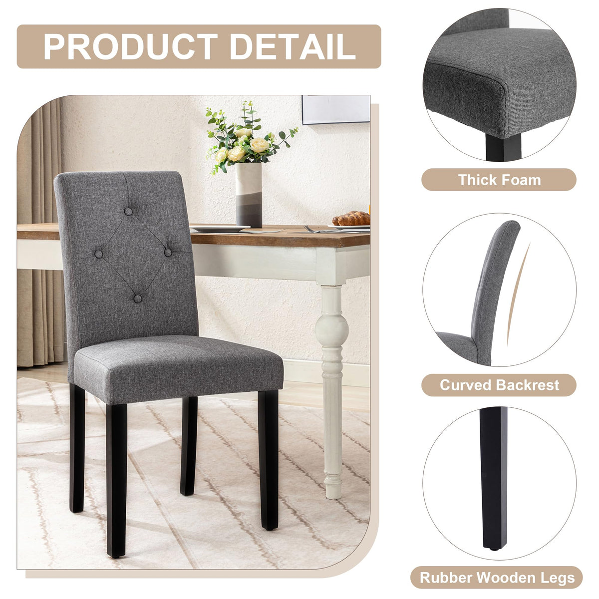 VECELO Upholstered Dining Chairs Set of 6, Modern Fabric and Solid Wood Legs &High Back for Kitchen/Living Room- Dark Gray