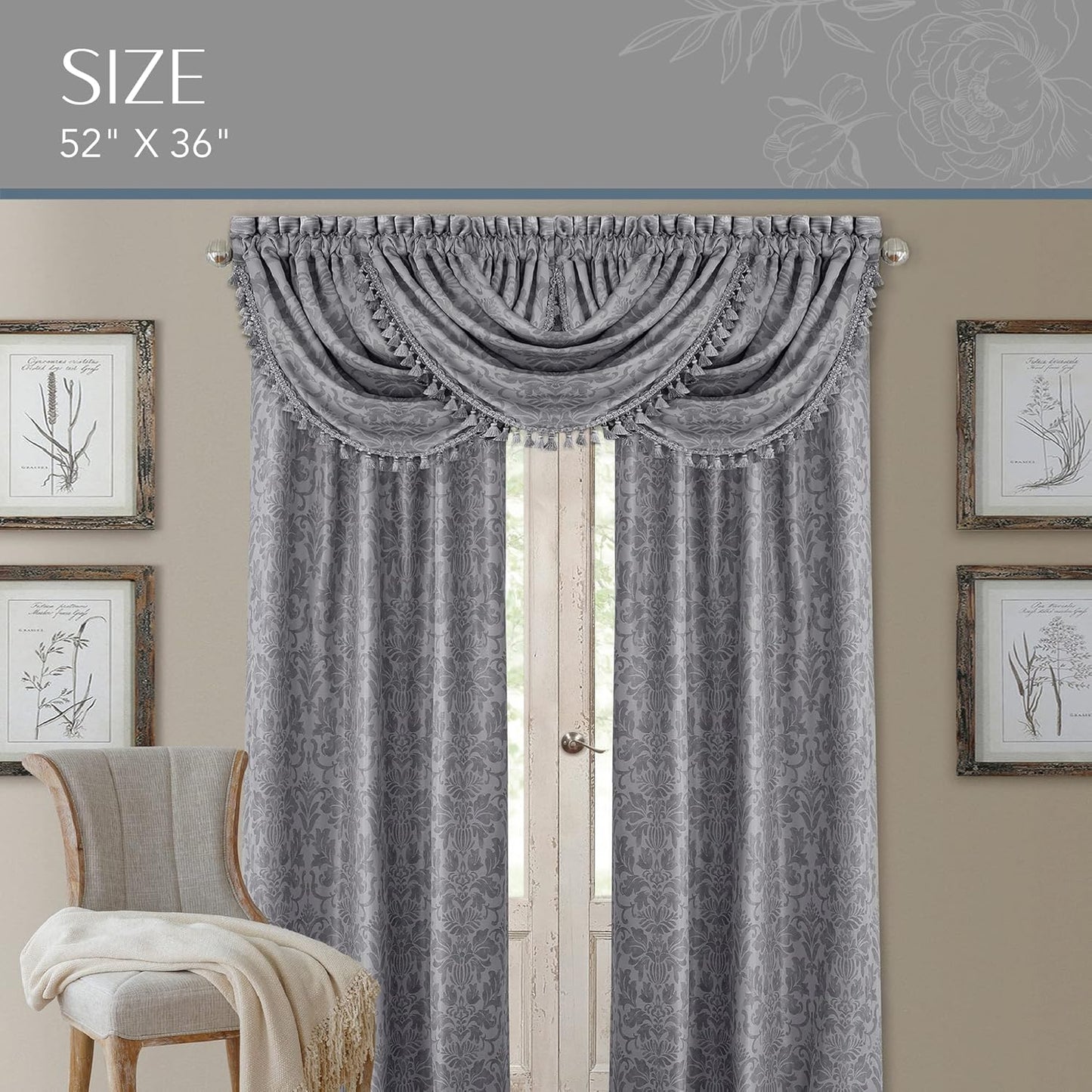 Elrene Home Fashions Antonia Floral Damask Waterfall Window Valance with Tassels, 52"x36", Silver