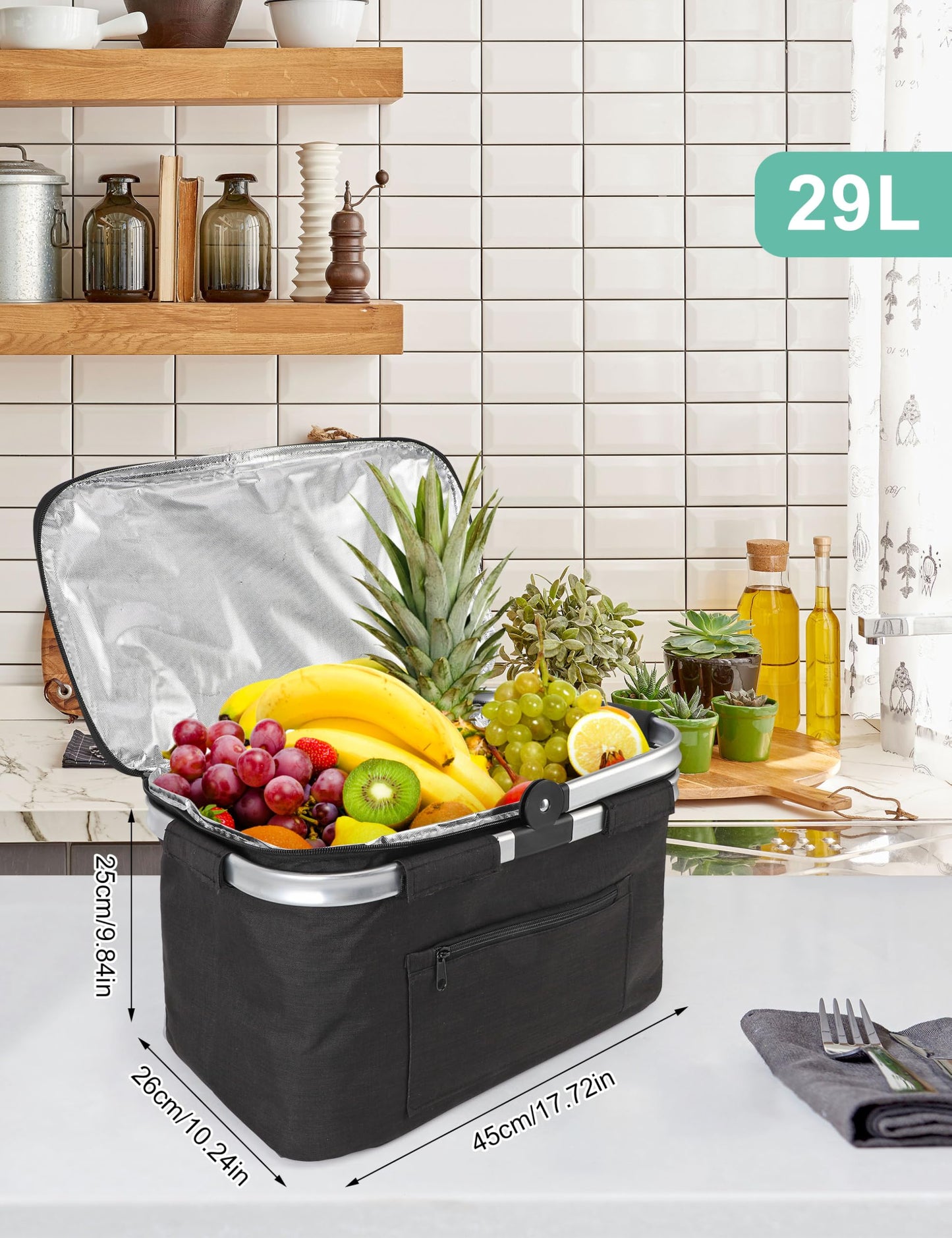 MEKOTRIN Large Picnic Basket Insulated, Foldable Shoping Basket Cooler Bag, Leakproof Picnic Baskets with Handle and Lid for Camping Outdoor Birthday Lunch BBQ Travel Beach(Black, 17.7x10.2x9.8in)