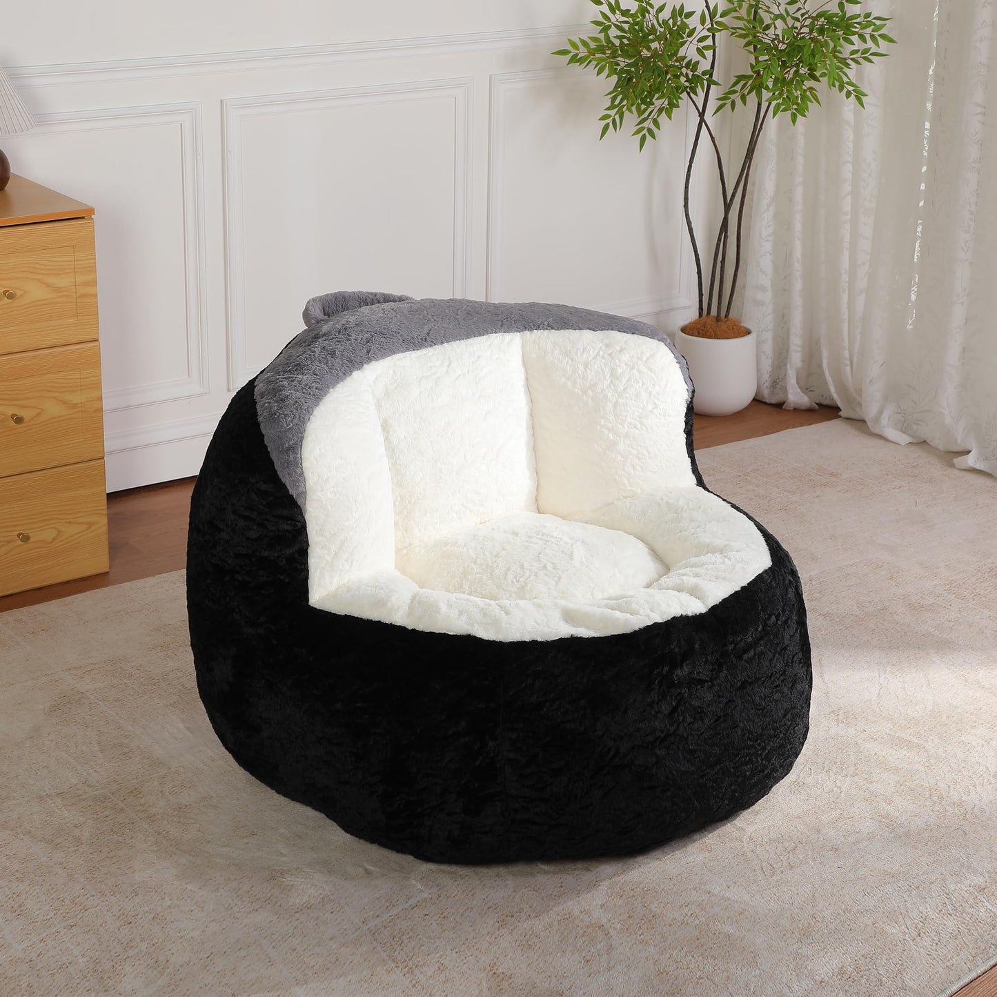 Oversized Bean Bag Chairs,Multicolor Faux Fur Couch Filled with Shredded Sponge,Large Lounger Sofa for Living Room,No Assembly Required, Black+White+Grey