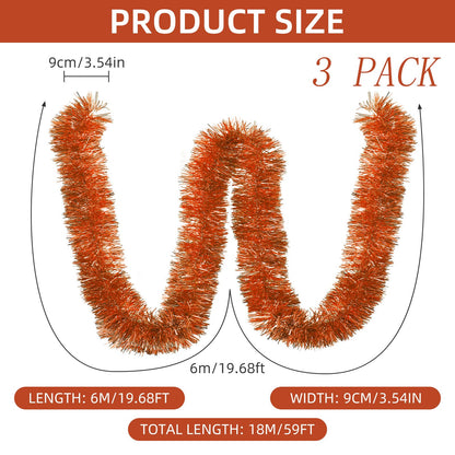 3 Pieces 59 Feet Christmas Foil Tinsel Garland, Metallic Tinsel Twist Garland Shiny Hanging Decorations for Holiday Tree, Party Supplies for Wedding, Birthday, Halloween (Orange)
