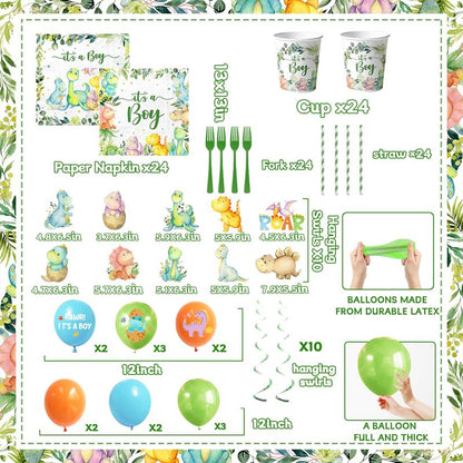 Dinosaur Baby Shower Decorations for Boy, It's a Boy Baby Shower Party Supplies Disposable Dino Plates Napkins Banner Tablecloth Cake Topper Balloon for Dinosaur Birthday Party Decorations, Serve 24