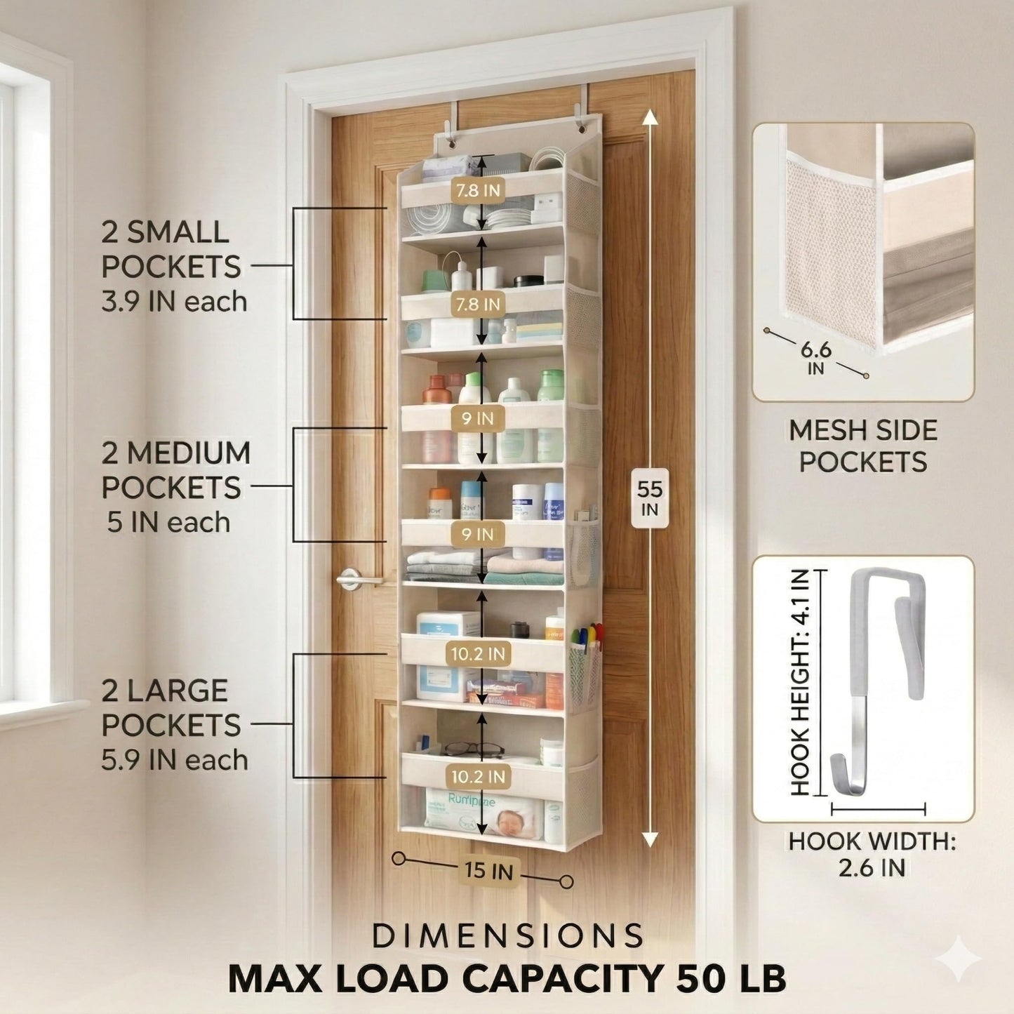 HOMELUX THEORY UPGRADED 6 Tiers Over The Door Organizer Hanging - 100D EXTRA THICK & 50lbs HUGE CAPACITY, 12 Side Mesh Pockets Over The Door Shoe Organizer, Hanging Closet Organizer (Ivory, 1pc)