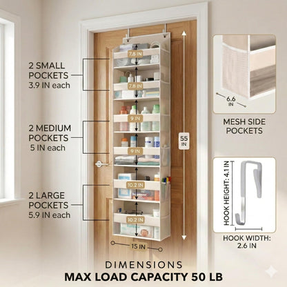 HOMELUX THEORY UPGRADED 6 Tiers Over The Door Organizer Hanging - 100D EXTRA THICK & 50lbs HUGE CAPACITY, 12 Side Mesh Pockets Over The Door Shoe Organizer, Hanging Closet Organizer (Ivory, 1pc)