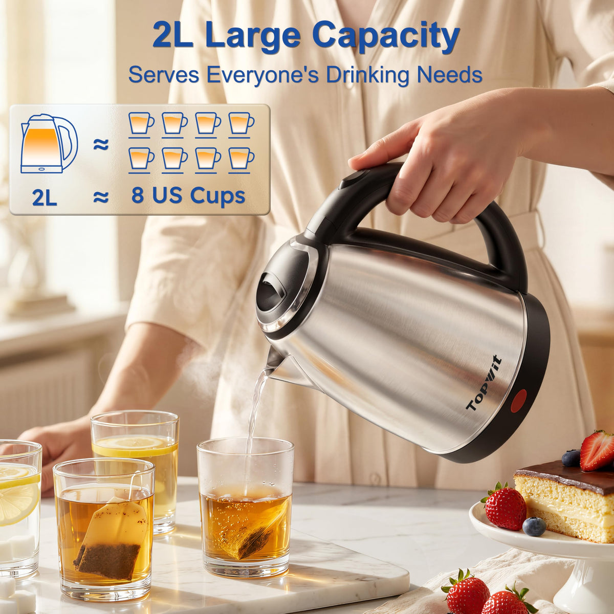 TOPWIT Electric Kettle, 2.0L Hot Water Kettle Electric, BPA-Free Stainless Steel Tea Kettle, Electric Kettles for Boiling Water with Fast Boil, Auto Shut-Off & Boil Dry Protection, Silver
