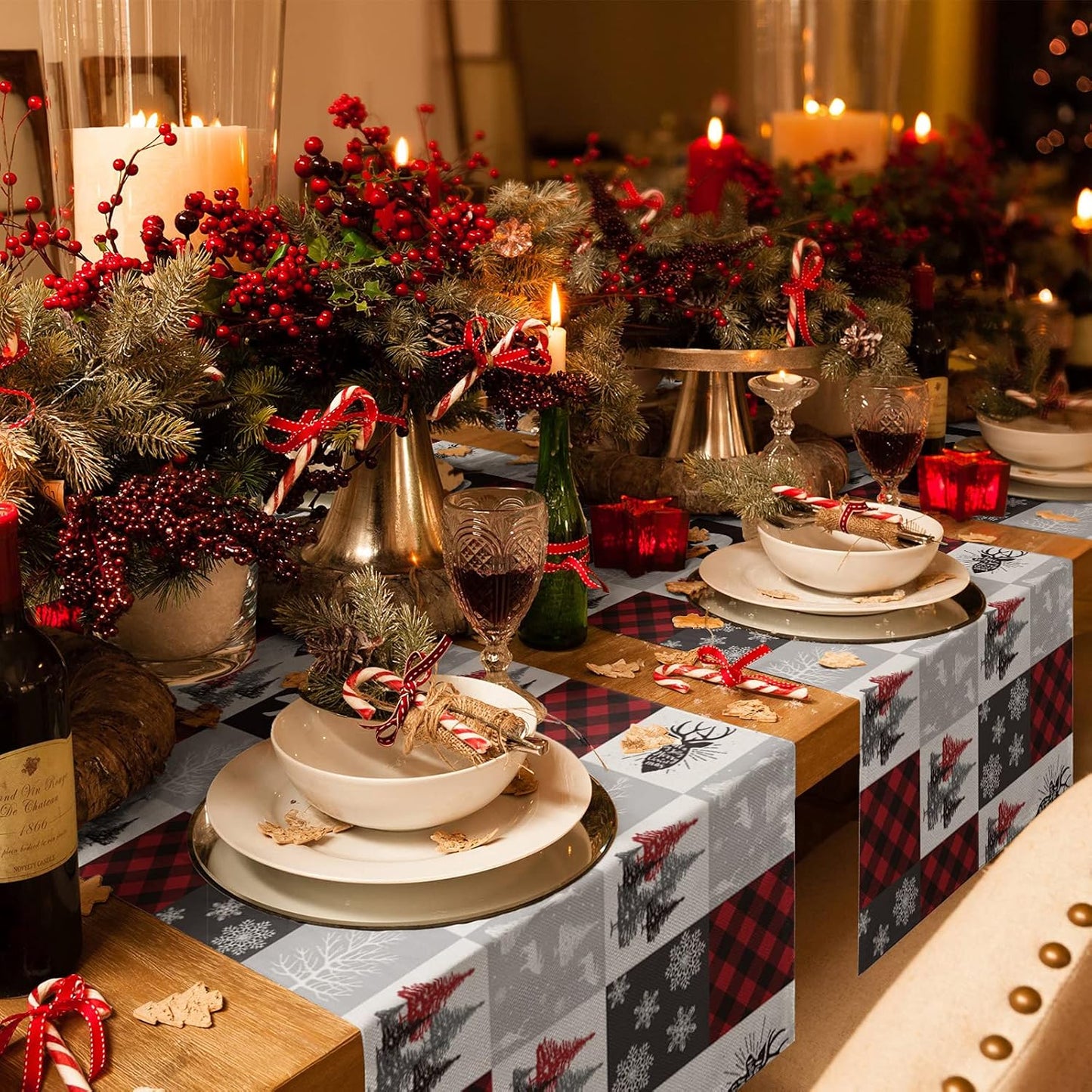 Christmas Table Runner 72 Inch, Buffalo Plaid Checkered Snowflake Elk Xmas Tree Bear for Holiday Kitchen