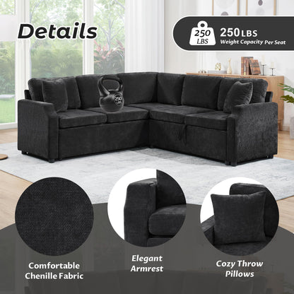 Eafurn 82 INCH Convertible Sleeper Sectional Sofa Pull Out Couch Bed for Living Room - Chenille Upholstered Symmetrical L Shaped Corner Sectional Couch W/Storage and Throw Pillows