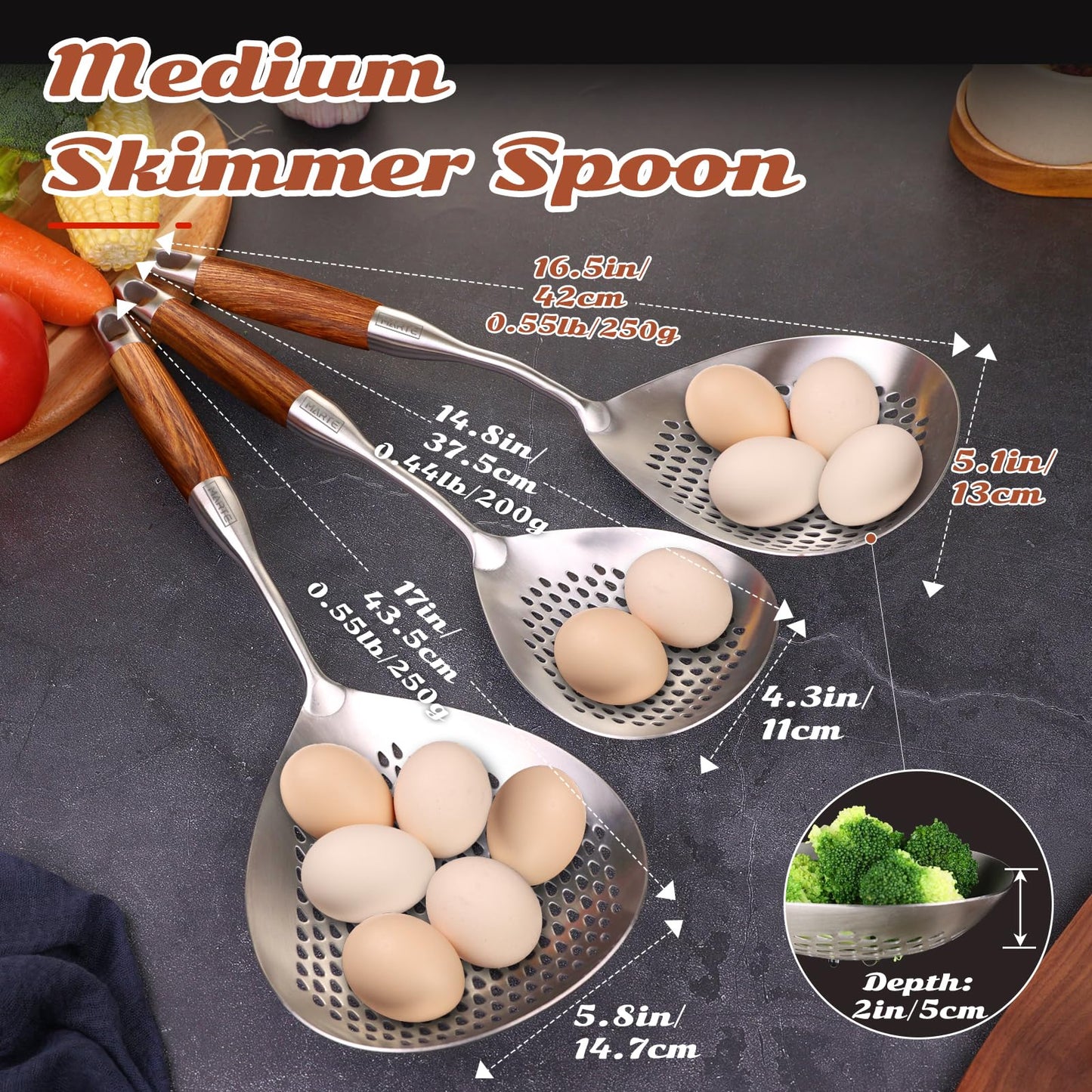 MARTE 16.5in 304 Stainless Steel Skimmer Slotted Spoon - Pasta Spider Strainer Ladle for Cooking and Frying - Kitchen Metal Scoop Colander With Heat Resistant Wooden Handle