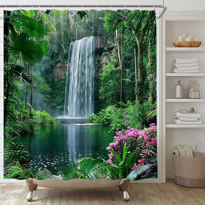 Forest Waterfall Shower Curtain, Tropical Jungle Nature Landscape Fabric Bathroom Curtains Decor Set, 70" WX70 H