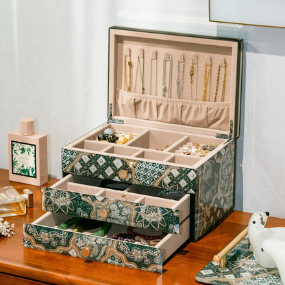 Homruilink High End Glass Jewelry Box, 3 Layer Jewelry Organizer,Velvet-Lined Case For Ring, Necklace, Earring, Bracelet Storage, Ideal Gift (Emerald)