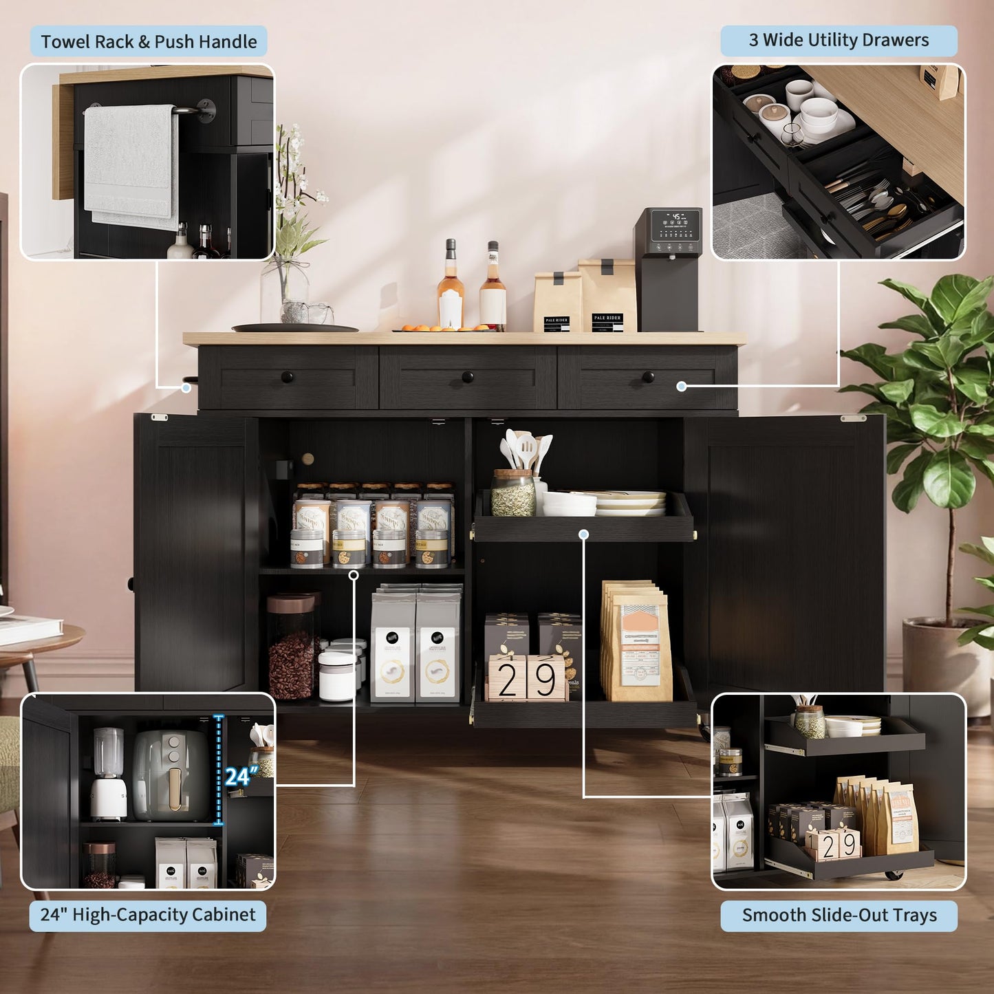Garvee Rolling Kitchen Island Cart with Power Outlet & Drop Leaf, Kitchen Storage Cabinet On Wheels with 3 Drawers, Spice Rack & Towel Rack, Mobile Island Table for Kitchen