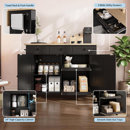 GarveeHome Rolling Kitchen Island with Drop Leaf Countertop, Charging Station & Ample Storage - 47.2 in Mobile Kitchen Cart On Wheels with Pull-Out Shelves, Drawers, Spice Rack & Organizer Divider