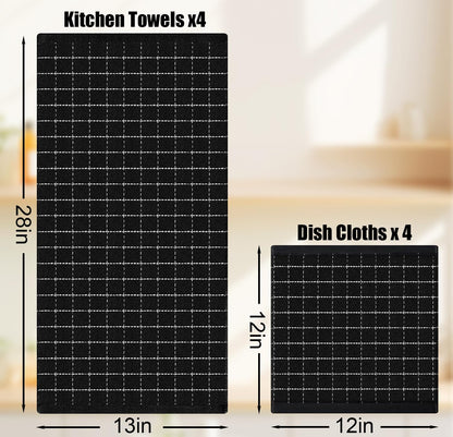 Homaxy Kitchen Towels and Dishcloths Set, 12 x 12 and 13 x 28 Inches, Set of 8 Bulk Cotton Terry Kitchen Towels Set, Checkered Designed, Soft and Super Absorbent Dish Towels, Black