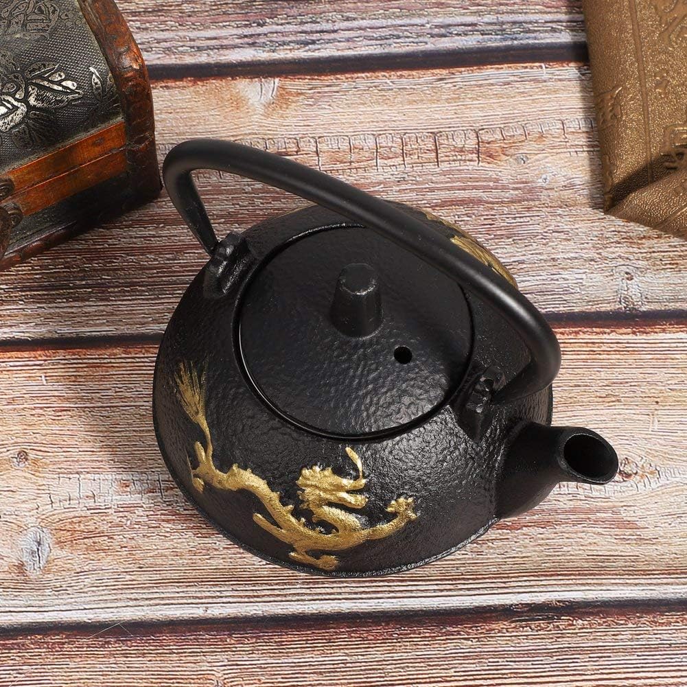 Japanese Tetsubin Cast Iron Tea Kettle - Stovetop Teapot with Gold Dragon Pattern, 0.3L