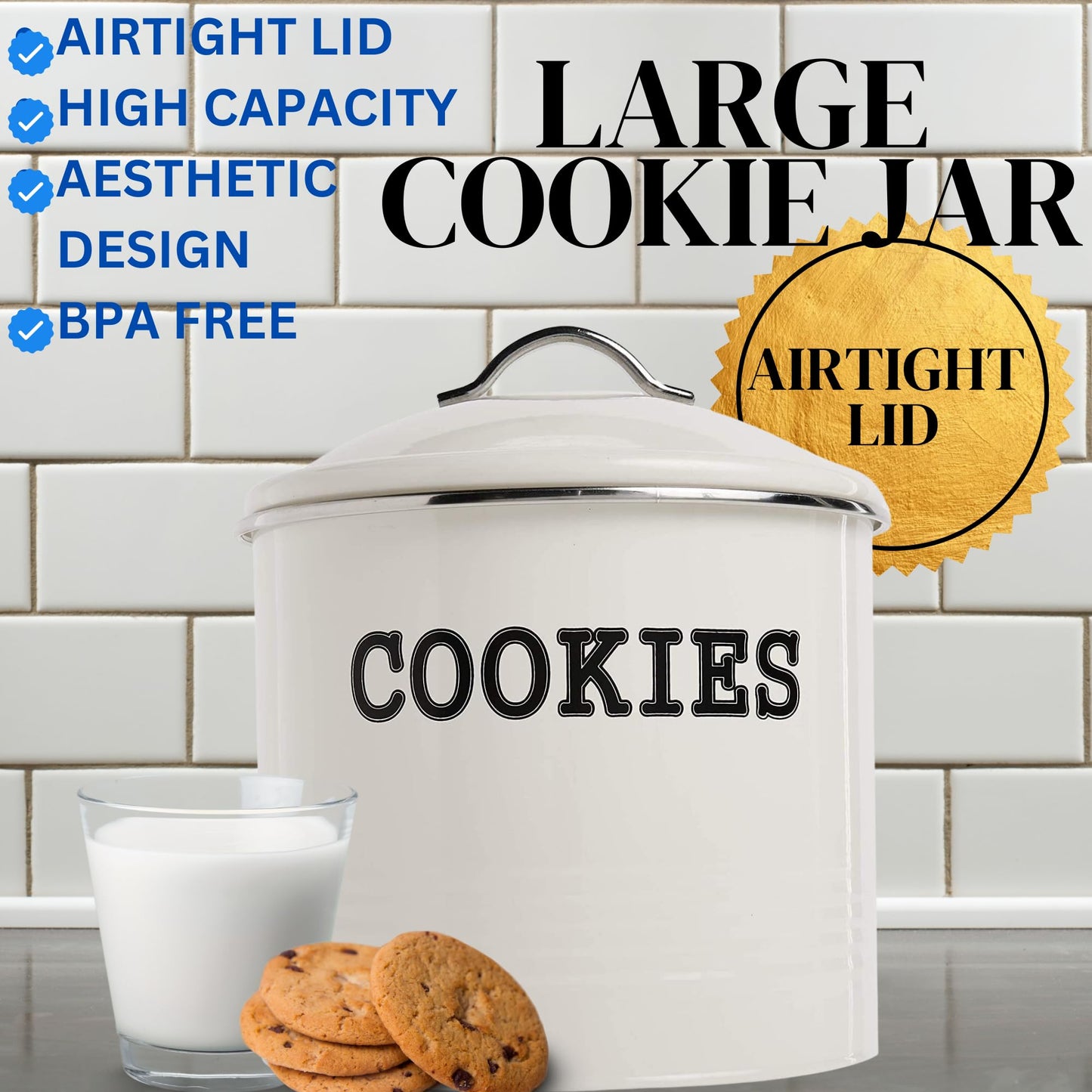 JOEY'Z Large 1.25 Gallon Airtight Cookie Jar with Lid - Large Cookie Jars with Lids, Ivory Counter Decorative - Makes a Great Dog Treat Jar
