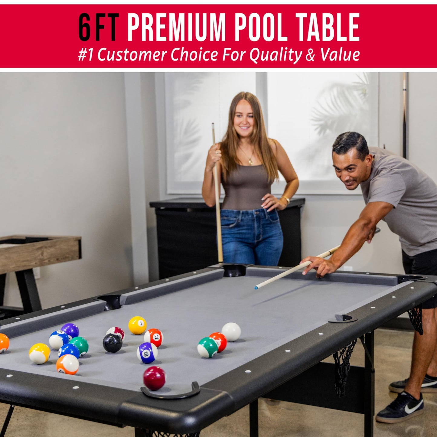 GoSports 6 ft Foldable Pool Table - Portable Billiards Table with Accessories - Black with Gray Felt