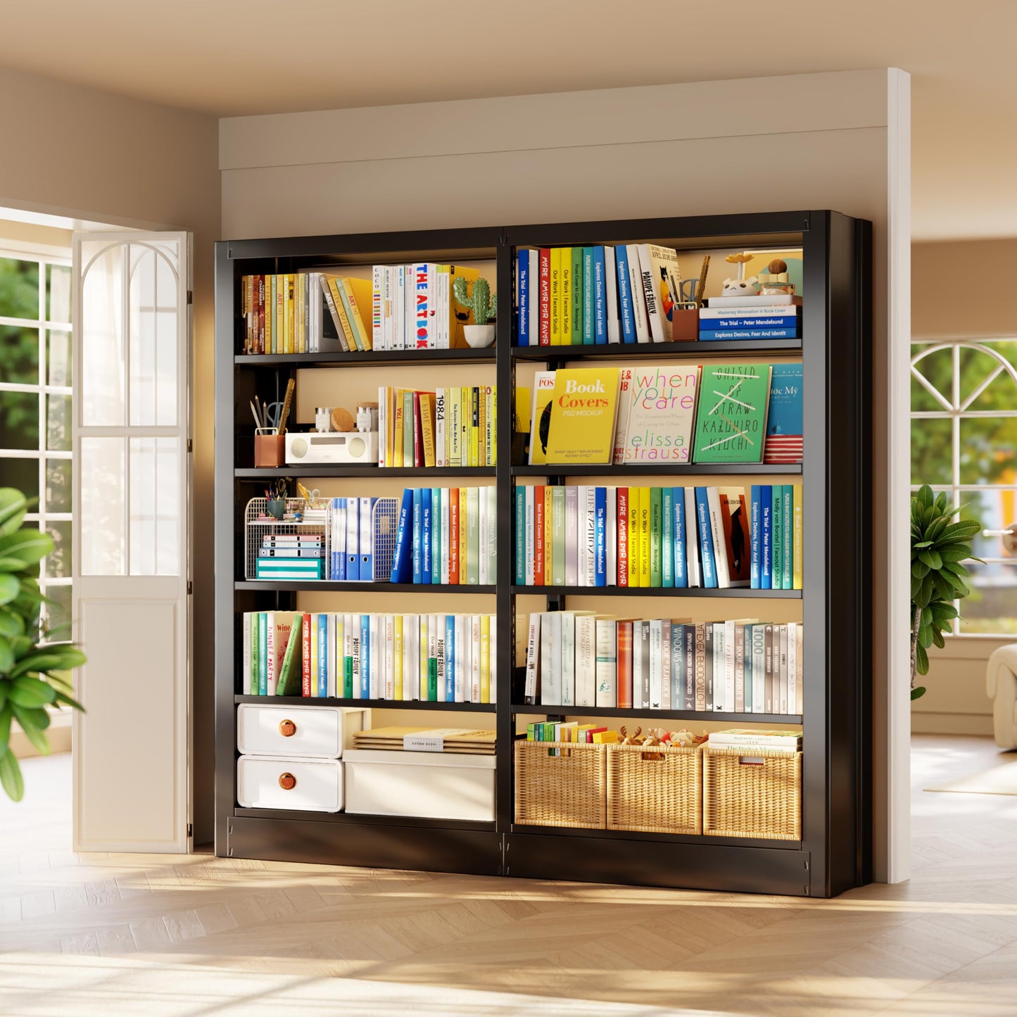 OpolQif Bookshelf, 71" H Tall Black Bookcase, 5-Tier Bookcase Metal Sturdy Bookshelf with Adjustable Shelves,Heavy Duty Book Cases for Living Room, Library, School, Study, Home Office(Black, 73" W)