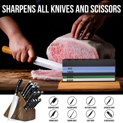 YeopAsda Knife Sharpening Stone Set - Premium 4 Side Grit 400/1000 3000/8000 Whetstone Sharpener Kit - Non-Slip Bamboo Base,Cut Resistant Gloves, Angle Guide,Flatting Stone,Honing Guide,Leather Strop