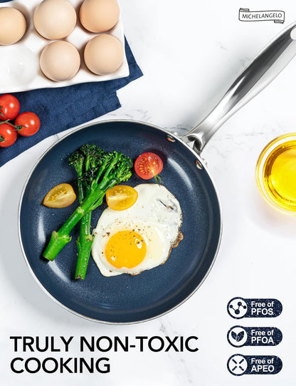 MICHELANGELO 8-Inch Nonstick Frying Pan - Non-Toxic Omelette Pan with Lid & Stainless Handle | Blue-Ceramic