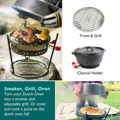 CampMaid Outdoor Cooking Set - Dutch Oven and Tools Set - Charcoal Holder & Cast Iron Grill Accessories - Camping Grill Set - Outdoor Cooking Essentials - Camp Kitchen Equipment - (8 Piece Set)